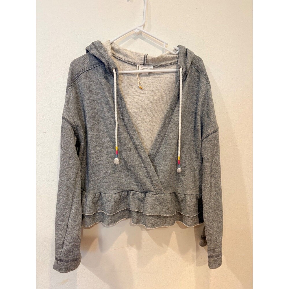 Loveriche Women’s L Gray Wrap Front Hoodie Ruffle Peplum Boho Sweatshirt